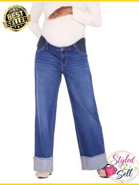 Maternity Under Belly Wide Leg Turn Up Hem Pregnancy Jeans